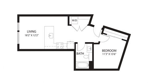 Floor plan for 1 bed, 1 bath, 602 sqft